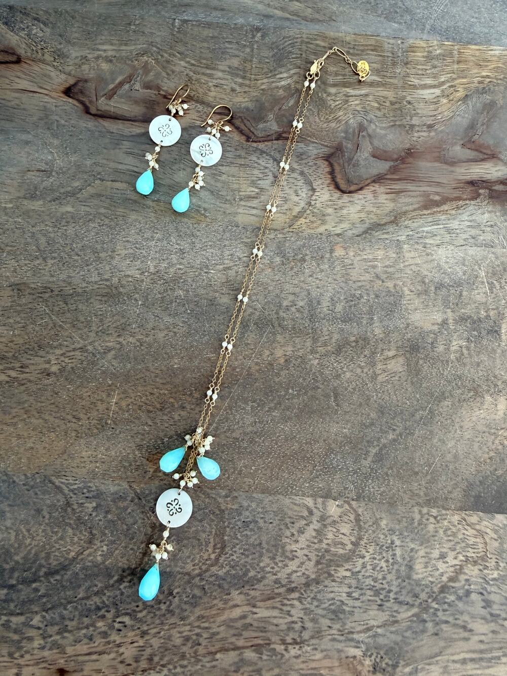 Flying Lizard Designs Mother of Pearl & Aqua Teardrop Necklace Earrings Set
